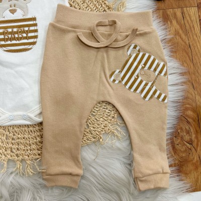 Conj. de Malha 3 peças - Bear Baby Listrado - Areia e Off White